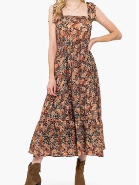 AUGUST SKY Floral Tie Strap Tiered Maxi Dress
